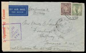 Postal History: 1942 (Aug 17) cover to Jamaica endorsed "Seamail to America then airmail to Jamaica" with KGVI 3d brown & 1/- Lyrebird tied 'MORNINGTON/VIC' cds, Melbourne censor label & cachet on face, carried by ship to USA and onwards by domestic & Pan