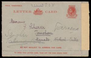 Postal History: 1945 (Nov 18) irregular usage of 2Â½d Letter Card endorsed "Liberated PW" & the message headed "Brisbane General Hospital", to "Tomahon/Menado Netherl Indie" & uncancelled because entitled to free postage, twice redirected, minor blemishes