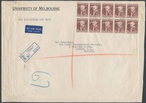 Postal History: 1949 University of Melbourne registered airmail cover (264x188mm) to London with rare franking of 1/3d Bull block of 10, Carlton cds & registration label (damaged before being affixed). [The rate was 1/6d x8 + 6d registration = 12/6d]