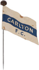 1908 Wills "Football Flags Shaped with Pins" [1/27 known] - Carlton. G/VG condition (with original pin, "Capstan" on reverse). Rarity 8.