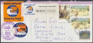 Postal History: 1986 & 1988 International Priority Paid airmail covers to GB 1) from WA to Sir Jack Brabham with 5c 75c & $5 Mentone x3; and 2) from SA with $1 & Paintings $5 Mentone x2 & $10 Coming South, central fold. Modern rarities.