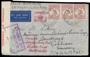 WWII Airmails: 1940 (Aug 26) Brisbane-Hong Kong-Philippines-USA-UK at 6/5d all up air rate with 5d Ram & 2/- Roo x3, red/white censor label with one large dot & boxed 'PASSED BY/CENSOR 3' h/s in violet, London b/s of 21SEP/1940 & redirected internally. Ra