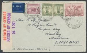 WWII Airmails: 1940 Sydney-New Zealand-United States per Pan Am FAM-19 "Clipper" service then by sea to England at 3/11d per Â½oz rate comprising correctly rated from Jervis Bay (ACT) or Brisbane; overpaid 1d x3; and 1Â½d Postal Card uprated to 1/11d post