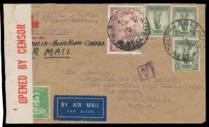 WWII Airmails: 1940-41 covers sent via Hong Kong & Philippines per Pan Am FAM-14 1) 8.1.1940 NSW-California at 4/8d rate; 2) 23.5.1940 Perth-Canada at 4/7d rate with red/white censor label & No 3 cachet plus Hong Kong No 9 censor cachet in green, two vert