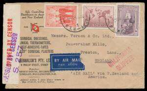 WWII Airmails: 1940-41 Sydney-New Zealand-United States-England per Pan Am FAM-19 "Clipper" service & by air to England at 5/10d per Â½oz rate two double-rated covers each with Robes 10/-, Clipper cachet in rosine or black. (2)