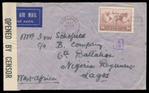 WWII Airmails: 1941 (Jan 30) cover sent airmail to "Mrs Ivor Schofield, c/o B Company, 6th Battalion, Nigeria Regiment, Lagos, West Africa" with 1/6d Hermes tied Adelaide machine cancel paying wartime rate for carriage by 'Horseshoe Route' flying boat ser