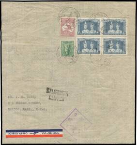 WWII Airmails: 1941 unusual size envelope (185x197mm) to USA with 'CALIFORNIA/CLIPPER' h/s & rare franking of Robes Â£1 block of 4 (a few faults) + 4d Koala & 2/- Roo tied by Sydney cds of 24JY41, minor wrinkles. One of the highest-rated World War II airm