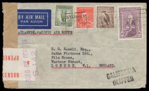 WWII Airmails: 1941 double-rate Clipper cover to London with 2d 6d 1/- & Thick Paper 10/- Robes - rare on small cover - tied by Sydney machine cancel (rare on high values), plain brown censor label refastened with a standard label affixed sideways, minor 