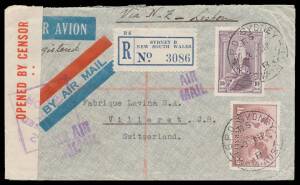 WWII Airmails: 1941 per Clipper to Switzerland endorsed "Via NZ-Lisbon" with Robes 10/- & Hermes 1/6d tied 'GPO SYDNEY/ 9OC41/ NSW-AUST' cds and blue 'R' label alongside paying 5/8d first Â½oz plus 5/7d second Â½oz plus 3d registration fee for carriage b