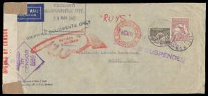 WWII Airmails: 1942 (Feb 19) cover Sydney-Java with 'SHIPPING DOCUMENTS ONLY' h/s, unusually for such mail by air at 2/9d rate with 'NOT TRANSMISSIBLE/SERVICE SUSPENDED' h/s in violet, Sydney DLO cds & "fickle finger" both in red. Ex Neil Russell.