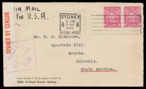 WWII Airmails: 1944 (May 10) cover to Colombia endorsed "Air Mail Via USA" with KGVI 1/4d x2 tied Sydney cancel & censored locally, carried by ship to USA, by domestic & PanAm airmail services to the Canal Zone, by PANAGRA to Colombia and AVIANCA to desti