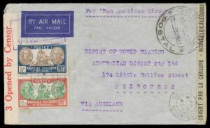 WWII Airmails: INWARDS: 1940 from New Caledonia "Per Pan American Airways/via Auckland" censored locally, from Greece & from Dutch Indies all with Melbourne censor labels, 1941 from Hungary with Sydney label & large '3' controller's cachet on back, also 1