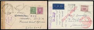 WWII Censors: - Selection to foreign countries with surface mail to Indo-China, Dutch Indies (a wrapper), Turkey & Cameroun, and airmail to New Caledonia, Dutch Indies (postcard), Norway & Japan (overpaid 3d, apparently for intended registration). (8)