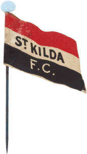 1908 Wills "Football Flags Shaped with Pins" [1/27 known] - St.Kilda. G/VG condition (with original pin, "Capstan" on reverse). Rarity 8.