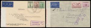 WWII Censors: NEW SOUTH WALES - SYDNEY: Airmail covers with various labels including 9-Dots of Newcastle emergency usage at Sydney x2, cachets including superb boxed 'PASSED BY/CENSOR 3' & machine-backstamps '2 PASSED BY CENSOR 1100' & 'NOT OPENED BY CENS