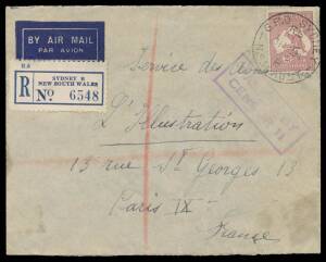 WWII Censors: NEW SOUTH WALES - SYDNEY: 1939 (Aug 31) registered airmail cover to France with 2/- Roo paying 1/9d rate + 3d registration tied by Sydney cds, no censor label but light strike of the boxed 'PASSED BY/CENSOR 11' cachet in violet, opened-out &