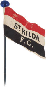 1908 Wills "Football Flags Shaped with Pins" [1/27 known] - St.Kilda. G/VG condition (with original pin, blank reverse). Rarity 8.