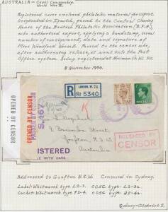 WWII Censors: NEW SOUTH WALES - SYDNEY: Inwards covers from England registered with BPA stamp consignment cachet & British 'RELEASED BY/CENSOR' h/s in rosine; from England forwarded to Trinidad & then to Canada; from England with superb 'AIR/[crown]/ MINI