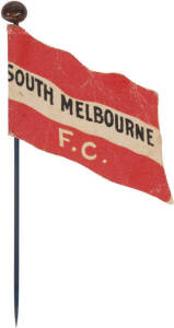 1908 Wills "Football Flags Shaped with Pins" [1/27 known] - South Melbourne. G/VG condition (with original pin, "Capstan" on reverse). Rarity 8.