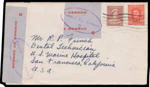 WWII Censors: QUEENSLAND - BRISBANE: Surface mail with a good range of labels including maroon/white (recorded 10 days only), & cachets including boxed 'PASSED BY/CENSOR 3' x2, '...4' & '...6' x2, 'PASSED' & 'RELEASE' [sic], one with boxed 'PRIVILEGED MAI