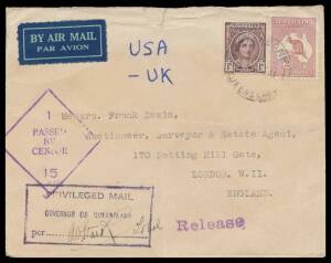 WWII Censors: QUEENSLAND - BRISBANE: 1941 (Sep) airmail cover with embossed crown on the flap to London with 1d & 2/- Roo tied by Brisbane cds, very fine boxed 'PRIVILEGED MAIL/GOVERNOR OF QUEENSLAND/per ("AW Stark Lt Col")' cachet, diamond ' 1 / PASSED/B