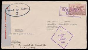 WWII Censors: QUEENSLAND - BRISBANE: c.1942 American soldier's airmail cover to Pennsylvania with 1/6d tied by superb boxed 'SOLDIERS/MAIL' cachet in violet, US Forces red/grey censor label tied by ' 3 /Passed by Censor/ 2 ' cachet in blue-black, superb B