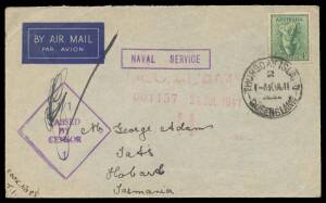 WWII Censors: QUEENSLAND - THURSDAY ISLAND: Two different AO Line illustrated advertising covers by domestic airmail (one uncensored, the other censored at Townsville with ' 1/2 /...' label - ERD - & ' 1/2 ' cachet); July 1941 airmail to Hobart with super