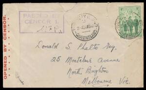 WWII Censors: QUEENSLAND - THURSDAY ISLAND: 1940 (Aug) surface cover to Victoria with the very rare 'OPENED BY CENSOR' label with Ten Dots & boxed 'PASSED BY/CENSOR 1' cachet allocated by John Little to Brisbane but it may have been used on the Island, re