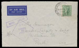 WWII Censors: QUEENSLAND - THURSDAY ISLAND: 1940 (Aug) airmail cover to Western Australia with boxed 'NAVAL SERVICE' h/s & light but very fine strike of the rare ' 1/1 /PASSED/BY/CENSOR/ 1 ' cachet in violet