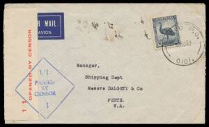 WWII Censors: QUEENSLAND - THURSDAY ISLAND: 1942 airmail cover to Perth with 5Â½d Emu tied by 'FIELD PO/23NO42/0101' cds, civil censor ' 1/1 ' label tied by superb ' 1/1 /PASSED/BY/CENSOR/ 1 ' cachet in blue, minor blemishes & opened-out. The only example