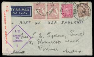 WWII Censors: QUEENSLAND - TOWNSVILLE: Batch of surface, domestic airmail & overseas airmail covers with censor labels comprising No Number x3 (one from Papua), '1' x2, '1/2 OPENED...' x3 & '1/2 /OPENED...' x5 (one with boxed 'UNIT POSTAL STATION/S57' d/