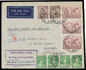 WWII Censors: SOUTH AUSTRALIA - ADELAIDE: 1941 (Sep) airmail cover with embossed crown on the flap to London at 5/10d rate with Adelaide cds & superb strike of the boxed 'PRIVILEGED MAIL/GOVERNOR OF SOUTH AUSTRALIA/per ("CR Duncan")' cachet (Little #H4-4