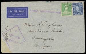 WWII Censors: NORTHERN TERRITORY - DARWIN: 1942 (Apr & July) airmail covers both with 'RAAF/PO UNIT No7' cds & ' 7 /---/OPENED/BY/CENSOR' cachet (with 'NOT' excised), cover with FPO 072 cds used at Adelaide River & ' 7 /Opened by Censor' label tied by Arm