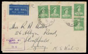 WWII Censors: NORTHERN TERRITORY - DARWIN: 1940 (Oct 14) commercial airmail cover to Sydney with large 'DARWIN NT/AUSTRALIA' cds, plain white label with 'OPENED BY CENSOR/.......' (Seven Dots) handstamp struck once in rosine (Little #L7-1b) & boxed 'PASSE