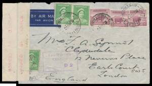 WWII Censors: NORTHERN TERRITORY - DARWIN: 1940 (May 2) commercial airmail cover to London, plain white label with 'OPENED BY CENSOR/.......' (Seven Dots) handstamp struck twice in rosine (Little #L7-1ab) & boxed 'PASSED BY/CENSOR/...' cachet with separat