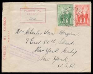 WWII Censors: NORTHERN TERRITORY - DARWIN: 1940 (Sep 22) commercial cover to the USA, plain white label with 'OPENED BY CENSOR/.......' (Seven Dots) handstamp struck once in rosine (Little #L7-1b) & boxed 'PASSED BY/CENSOR/...' cachet in red with manuscr