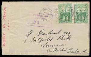 WWII Censors: NORTHERN TERRITORY - DARWIN: 1940 (Sep 23) commercial cover to Ireland with 'MIL PO DARWIN/NORTH AUST' cds, plain white label with 'OPENED BY CENSOR/.......' (Seven Dots) handstamp struck once in rosine (Little #L7-1b) & boxed 'PASSED BY/CEN