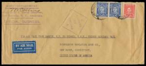 WWII Censors: NORTHERN TERRITORY - DARWIN: 1941 (Sep 27) commercial cover airmail to Sydney then by sea to Connecticut with 'NAVY DEPARTMENT/Office of the US Naval Observer/Port Darwin NT Australia/OFFICIAL BUSINESS' cachet at U/L, very fine ' 7 /PASSED/ 