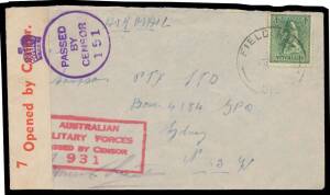 WWII Censors: NORTHERN TERRITORY - ALICE SPRINGS: 1942 airmail cover to Sydney with 4d tied by partly indistinct FPO 137 cds used at Adelaide River & Army censor cachet in rosine partly obscured by the rare ' 7 /Opened by Censor' label tied by superb '[c