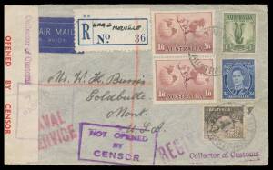 WWII Censors: NORTHERN TERRITORY - ALICE SPRINGS: 1941 (Apr 21) airmail cover to Montana at 4/8d rate via Hong Kong + 3d registration (overpaid 1d) with manuscript "HMAS Melville" on provisional registration label but the stamps cancelled with small 'DAR