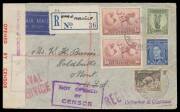 WWII Censors: NORTHERN TERRITORY - ALICE SPRINGS: 1941 (Apr 21) airmail cover to Montana at 4/8d rate via Hong Kong + 3d registration (overpaid 1d) with manuscript "HMAS Melville" on provisional registration label but the stamps cancelled with small 'DAR