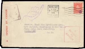 WWII Censors: TASMANIA - HOBART: Surface mail group with labels including Black/White 'OPENED BY/CENSOR' with Six Dots Added by Hand to France (the only recorded example; illustrated by John Little at page 76; the first stamp obviously doesn't belong), Bl