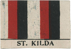 c1910 "Team Colours" printed on both sides - Fitzroy/St.Kilda. G/VG. {Vendor believes these cards were issued as part of a fixture (like the Perfection Tobacco cards of 1909). There is no branding on the cards, and they are made of stiffer cardboard than 