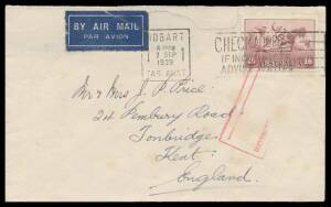 WWII Censors: TASMANIA - HOBART: Five airmail covers to GB comprising of 7SEP/1939 - the earliest recorded censor cover from Tasmania - & 18OC39 with boxed 'PASSED BY CENSOR/...' (Little #H6-1) in rosine or blue, black/white Six Dot labels (Little #L6-5a 