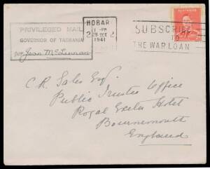 WWII Censors: TASMANIA - HOBART: 1941 (Oct 28) cover with embossed crown on the flap to England with very fine strike of the rare boxed 'PRIVILEGED MAIL/GOVERNOR OF TASMANIA/per ("Joan McLennan")' cachet (Little #H6-5), 'V/FOR VICTORY' label on the revers