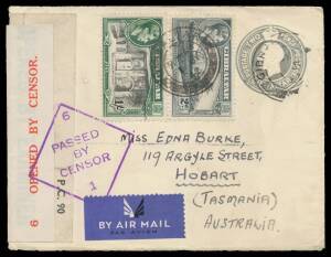 WWII Censors: TASMANIA - HOBART: Inwards surface covers from China & Fiji (with ' 6 /NOT/OPENED/...' cachet - the only recorded example - in error overstruck with normal cachet), and airmail covers from Gibraltar x2 (one with 'EXAMINED BY/GIBRALTAR/POSTAL