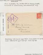 WWII Censors: TASMANIA - LAUNCESTON: Mostly surface covers with labels including black/white with 8 Dots x6 (one the only recorded example with Large Dots), ' 6/1 OPENED BY CENSOR' black/white x6 (one by air to Canada), & red/white x7, some with ' 6/1 /PA - 5