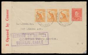 WWII Censors: VICTORIA - MELBOURNE: Surface mail with various labels including plain white provisional type, others with or without dots, wide selection of cachets including diamond with no censor number at base, boxed 'RETURN TO SENDER/CONTENTS/UNDELIVER