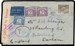 WWII Censors: VICTORIA - MELBOURNE: Airmail selection with various labels & cachets, mostly to GB (one underpaid with GB Postage Dues 3d pair & 1/-) or USA (one with huge 'US ARMY/ 1 /CENSORED' cachet) others to Palestine x2, India x2 (one with no number