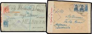 WWII Censors: VICTORIA - MELBOURNE: Inwards covers including Aug 1939 from Germany, Sep 1939 from Greece, Oct 1939 from Hungary, Mar 1940 from Java, Dec 1940 from Palestine, May 1941 from Java with 'By air to Australia and/onward airtransmission' cachet (